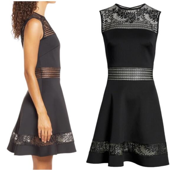 SHO by Tadashi Shoji NWOT Lace Trim Fit & Flare Dress Black Size 10 Semi-Sheer - Picture 2 of 12